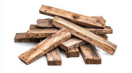 A stack of rustic wooden planks on a white isolated background, showcasing natural textures and variations in color, ideal for woodworking or construction themes.