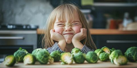 Fototapeta premium A young girl scrunches her face in dislike while sitting before a cutting board full of brussels sprouts, humorously highlighting picky eating habits.