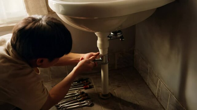 A man is working on fixing plumbing under a bathroom sink, using wrenches to secure the pipes while surrounded by tools. The atmosphere is focused and determined