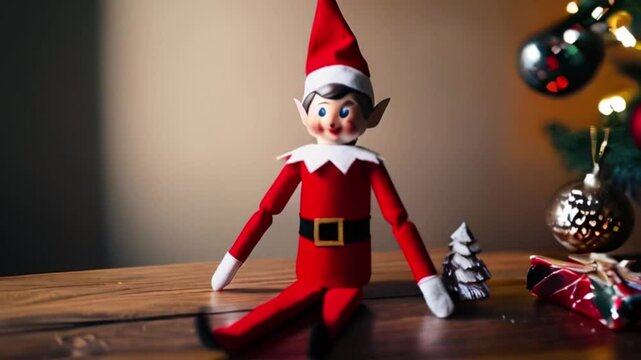 a red wooden elf costume toy sitting on a wooden surface next to a Christmas tree with lights and ornaments, Christmas concept, holiday season, created with generative ai