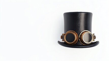 A stylish black top hat adorned with vintage goggles, set against a crisp white background, perfect for adding a unique touch to any steampunk-themed collection.