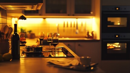 Romantic evening kitchen dinner wine glasses