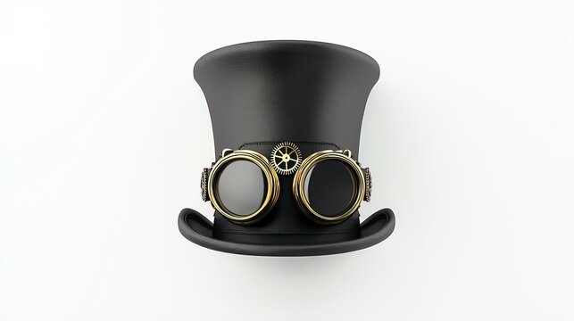 A stylish black top hat adorned with vintage steampunk goggles, set against a white isolated background. Perfect for themed events, photography, or costume design.