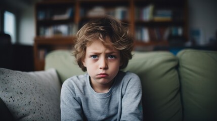 Fototapeta premium A young boy with tousled hair and pouty lips sits on a sofa, his expression embodying frustration and discontent amidst a cozy setting.
