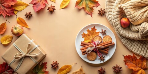 A Cozy Autumnal Still Life with Cinnamon Sticks, Dried Oranges, Leaves, and a Gift Box