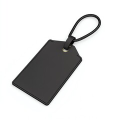 Fototapeta premium Blank black luggage tag with a leather strap, perfect for personalizing or branding. Ideal for travel enthusiasts or business use, set against a white isolated background.