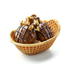Delicious chocolate ice cream scoops topped with nuts and drizzled with chocolate sauce in a waffle bowl, perfect for dessert enthusiasts and ice cream lovers.