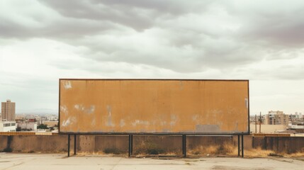 Obraz premium A weathered billboard stands solitary, overlooking a sparse, barren landscape under a moody sky, invoking nostalgia and reflection.