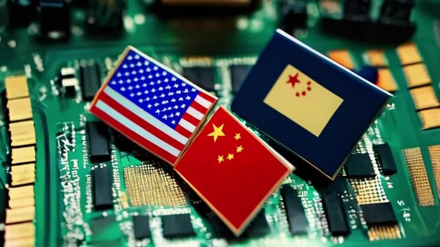 Two computer chips with the flags of the United States and China on them, placed on a circuit board, conflict between china and USA created with generative ai