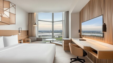 Modern hotel room with large windows offering a scenic view