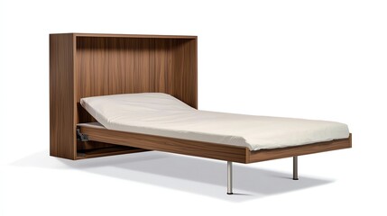 Modern wooden wall bed with a clean design, featuring a simple mattress and a space-saving structure, perfect for small living spaces and contemporary interiors.