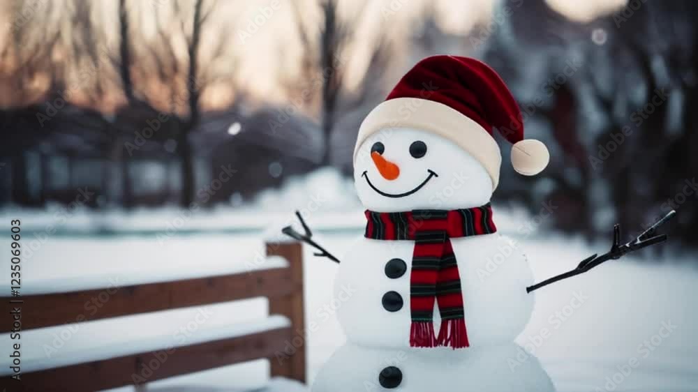 Poster Winter holiday scene with a smiling snowman in the snow created with generative ai