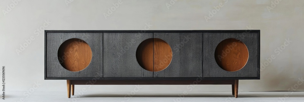 Poster modern wooden sideboard with round cutouts on display in a minimalist interior setting. generative a