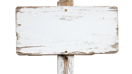Empty white weathered wooden sign with transparent background for easy editing