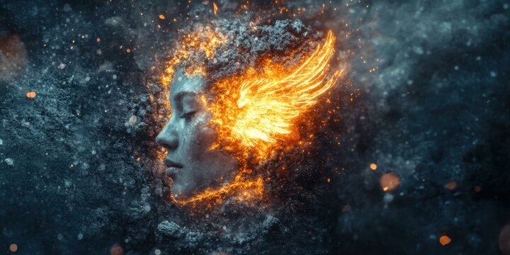 Surreal digital art featuring a woman's profile with fiery wings, suitable for fantasy themes, artistic projects, and inspirational content.