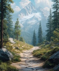 Fototapeta premium Beautiful mountain landscape with rocky pathway and trees