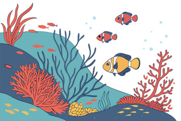 Fototapeta premium Vibrant coral reef, tropical fish, colorful sea life, underwater scene, clownfish, blue coral, red coral, aquatic plants, ocean floor, crystal clear water, detailed illustration, fantasy aquarium, di