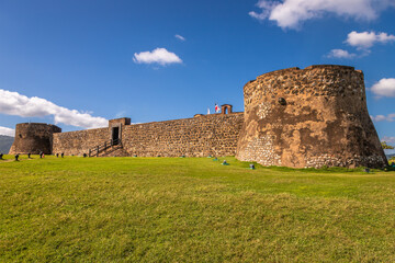 Exposure of the Fortaleza de San Filipe, an historic Spanish fortress used to protect the city of Puerto Plata from pirates, and is located on a hill near the seaport, Dominican Republic