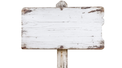 Empty weathered white wooden sign with transparent background is showing wood grain