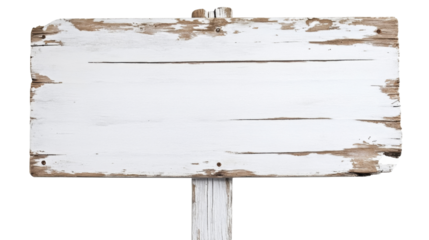 Distressed white wooden sign with peeling paint on transparent background