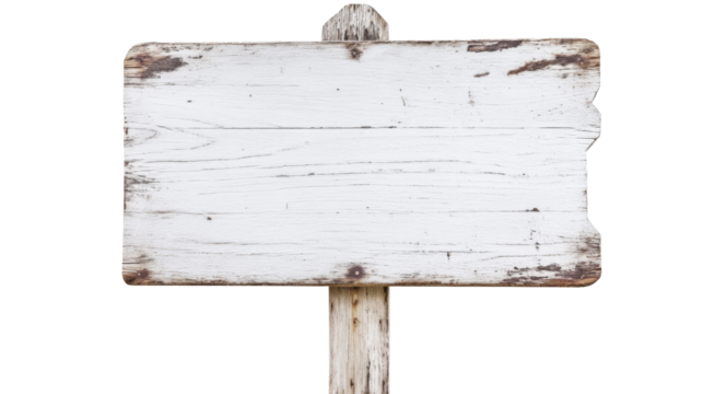 Empty weathered white wooden sign with transparent background is showing wood grain