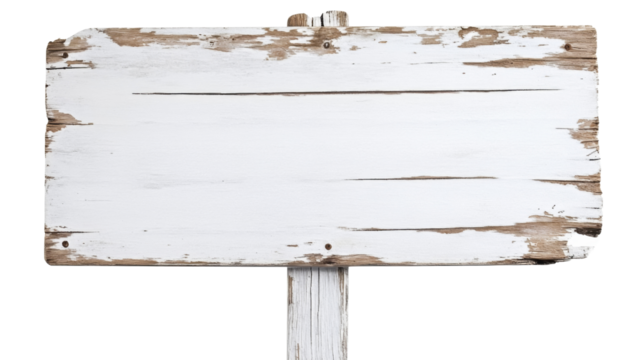 Distressed white wooden sign with peeling paint on transparent background
