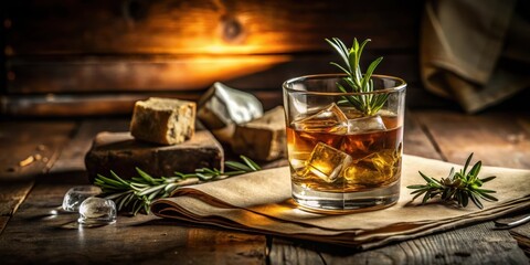 A glass of whiskey with ice and rosemary sprig on a wooden table with a rustic background