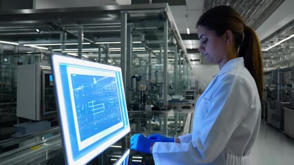 Expert engineer analyzes data on a futuristic touchscreen interface in a clean lab space. The setting showcases innovative technology and a focus on precise development - Powered by Adobe