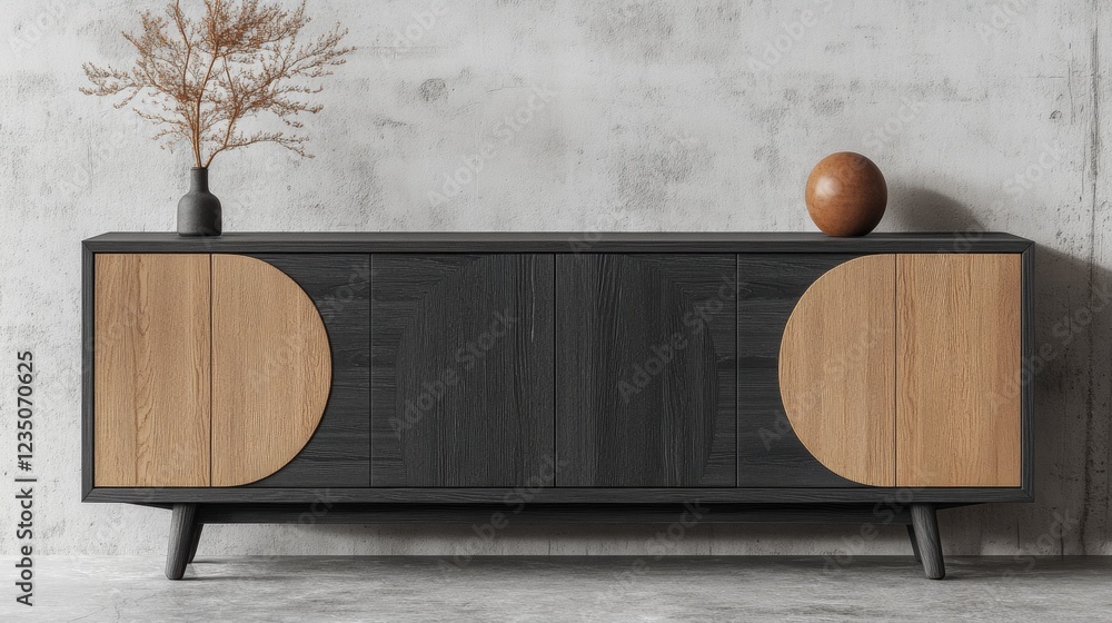 Poster modern wooden sideboard in minimalist design with unique circular accents placed against a textured 