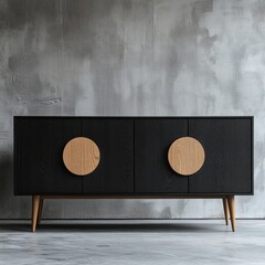 Modern Scandinavian style furniture design featuring a sleek black cabinet with round wooden handles in a minimalist space. Generative AI