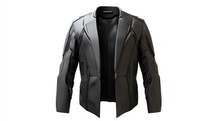 Stylish black jacket featuring a modern design with intricate detailing, perfect for casual or formal occasions.