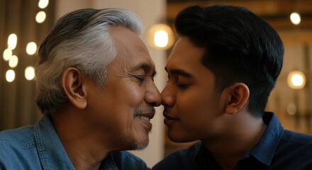 Naklejka premium Tender moment between elderly asian male and young adult in warmly lit room