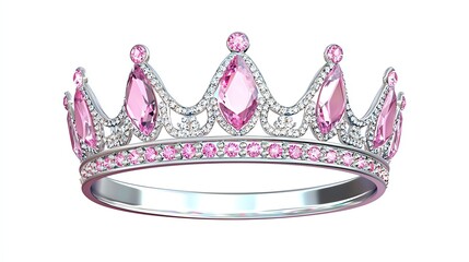 A beautiful silver crown adorned with sparkling pink gemstones, reflecting elegance and royalty. Ideal for themes related to beauty, celebration, or fairy tales.