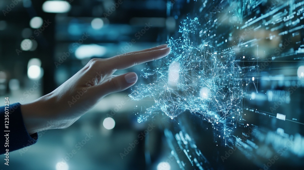 Poster in a big data concept a businesswomans hand touches the introduction of ai in cyberspace highlightin