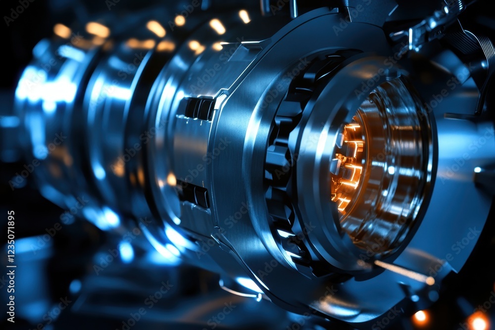 Poster detailed close-up of a futuristic mechanical component with glowing elements in a dark setting