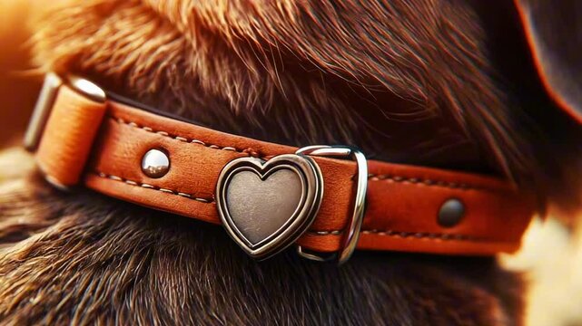 Closeup of a brown leather dog collar featuring a heart shaped metallic buckle