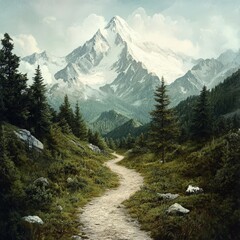 Obraz premium Scenic mountain landscape with a winding path through forest