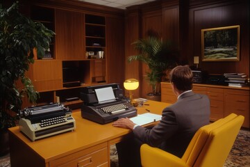 Businessman working at desk in seventies style office