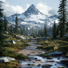 Fototapeta premium Scenic mountain landscape with a flowing stream and pine trees