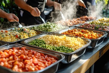 Chefs serving hot pasta dishes and vegetables at a buffet table