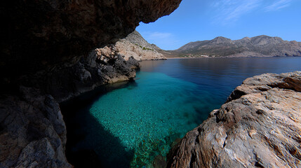Clear turquoise cove, rocky coast, Greece.  Travel brochure