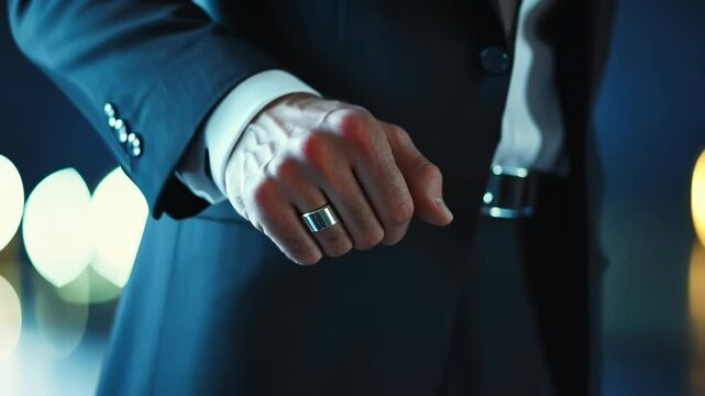 Elegant man in a suit showing a confident hand gesture against a city skyline at night