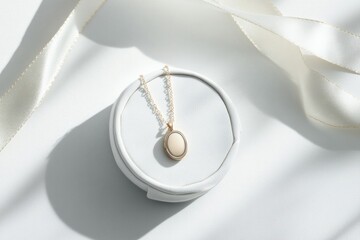 close-up shot of delicate locket necklace displayed on white jewelry box with ribbon clean background and soft shadows