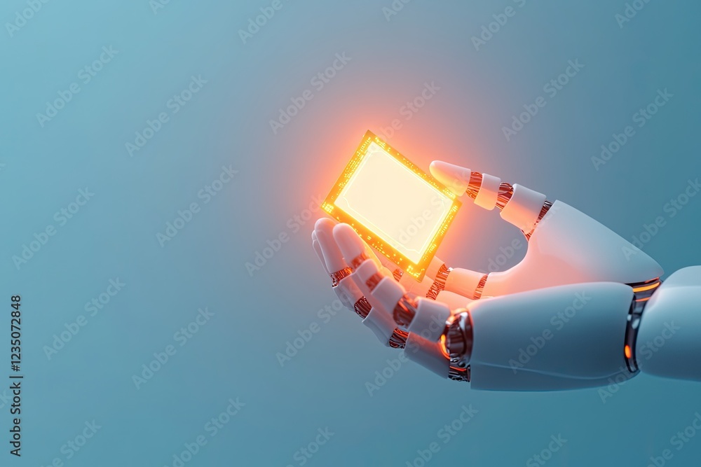 Aufkleber conceptual image of robotic hand holding glowing processor chip set against futuristic digital backg