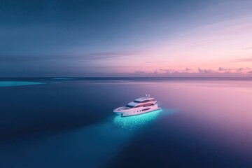 conceptual drone shot of luxury yacht surrounded by glowing bioluminescent waters captured under starry night sky