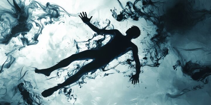 Abstract representation of a figure submerged in fluid, conveying themes of introspection and tranquility, suitable for wellness and artistic projects.