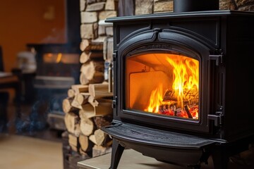 Cozy indoor setting with a wood burning stove and a stack of firewood nearby