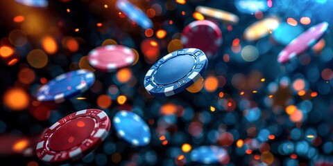 Casino Poker Chips Floating in Dark Background with Blue and Red Gaming Tokens Against Bokeh Light Effect, Copy Space
