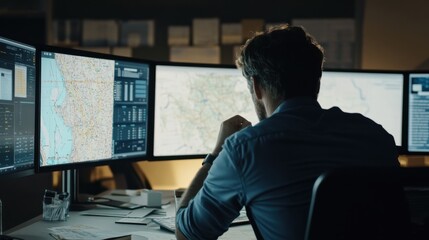 A logistics engineer optimizing supply chain routes using logistics software in a command center, with maps and data analytics screens visible, Logistics command center scene