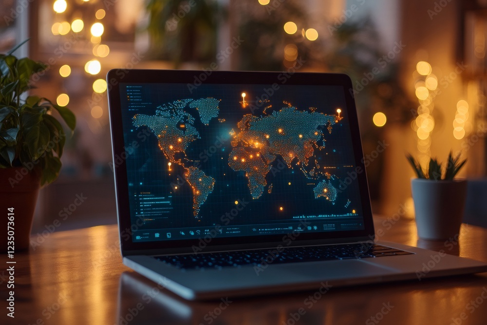 Aufkleber Laptop showing world map with data points in cozy home office setting